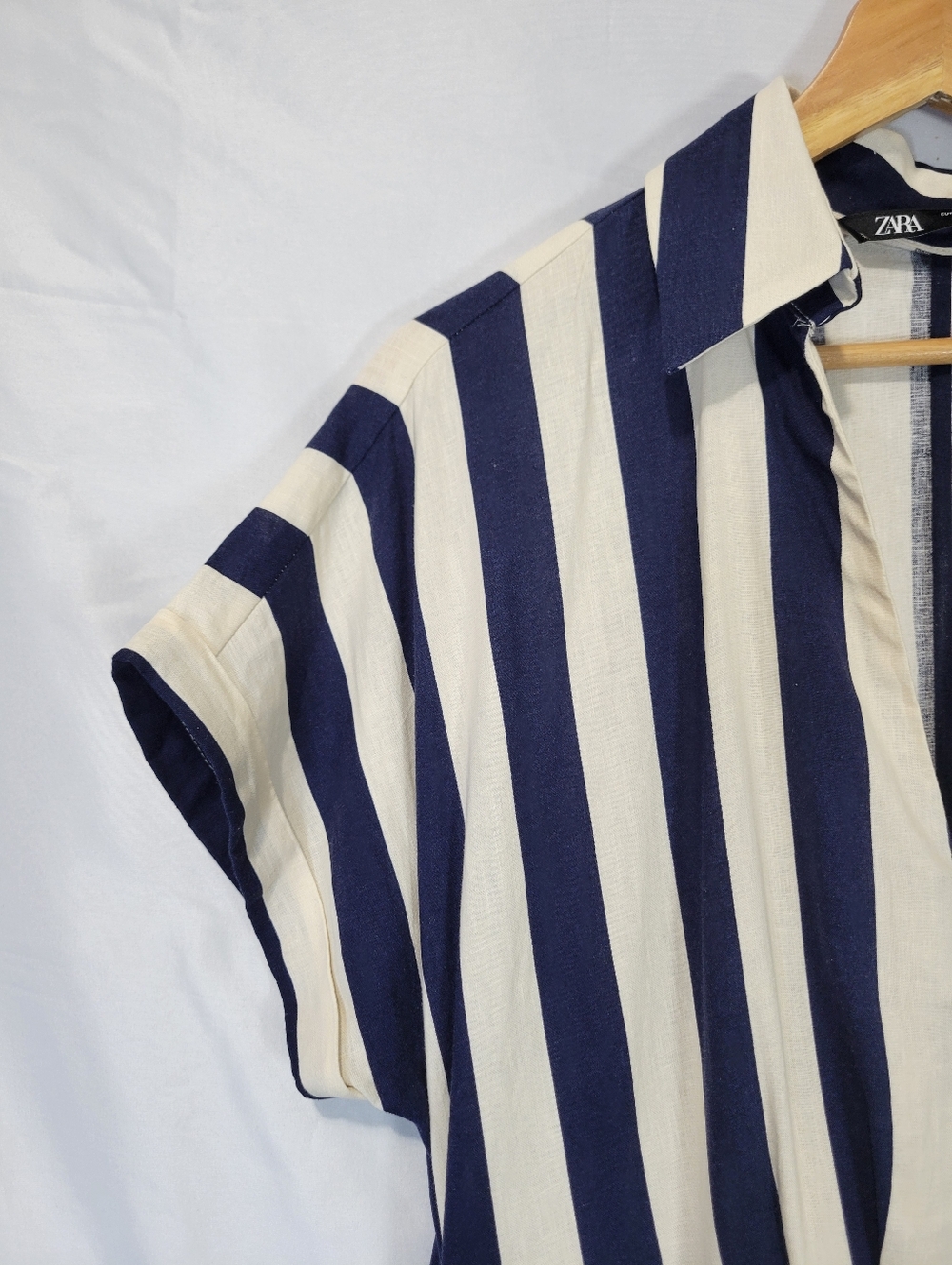 Zara Striped Tiered Linen Blend Cut Out Midi Shirt Dress Nautical Coastal Boho - Picture 8 of 16
